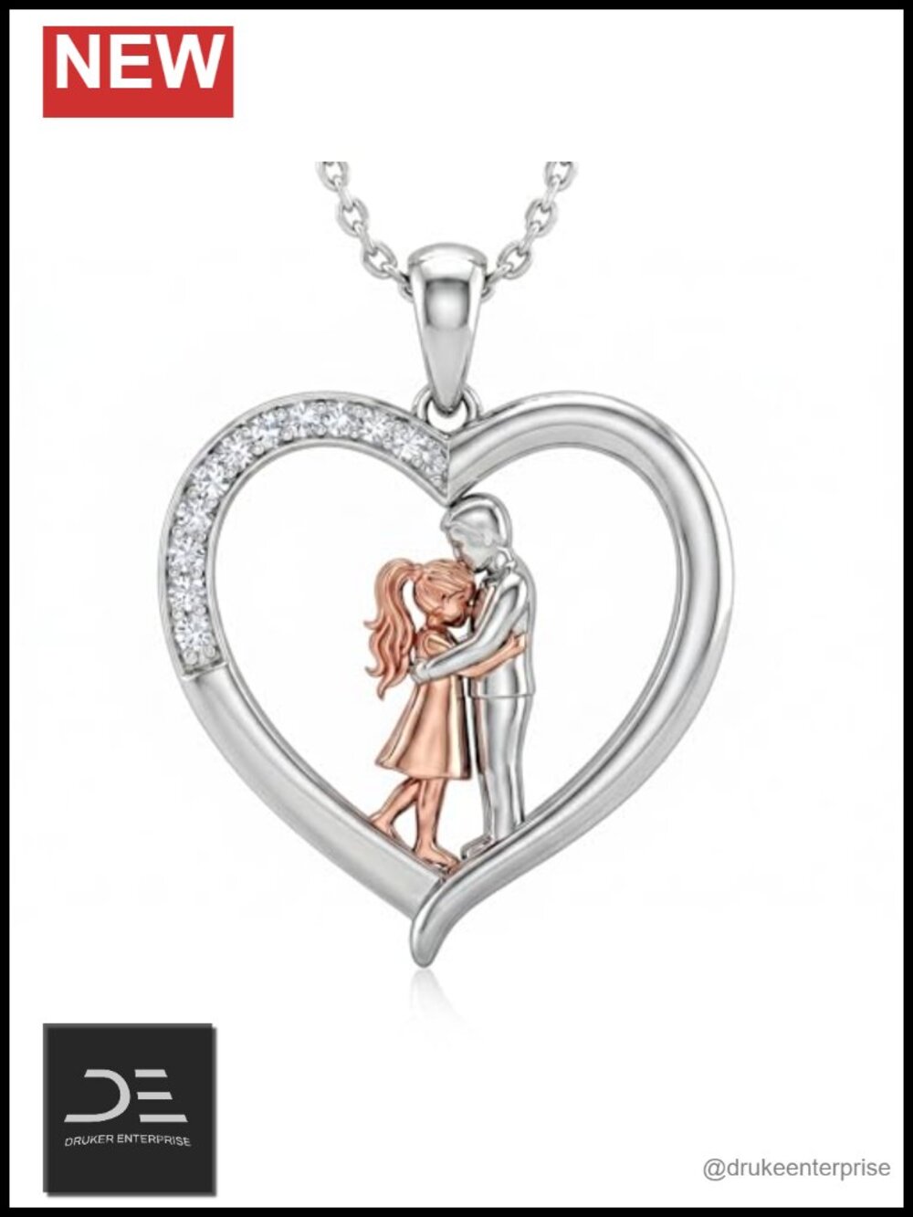Father Daughter Necklace Sterling Silver Lab Grown Diamond Heart Pendant 18in